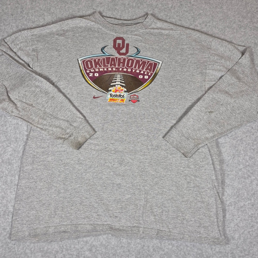 Nike T-Shirt Mens XL Gray Oklahoma Sooners Football 2008 Fiesta Bowl Long Sleeve